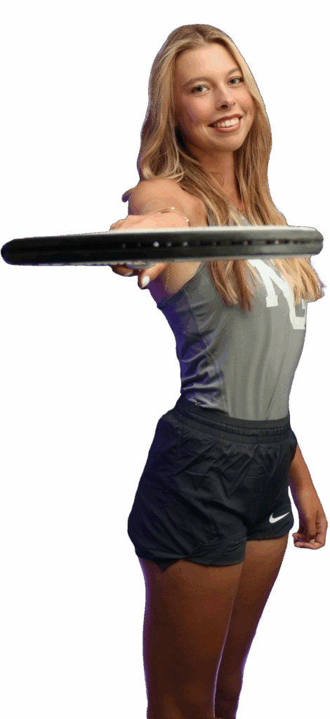 Student-Athlete Linn. holding a tennis racket to the camera